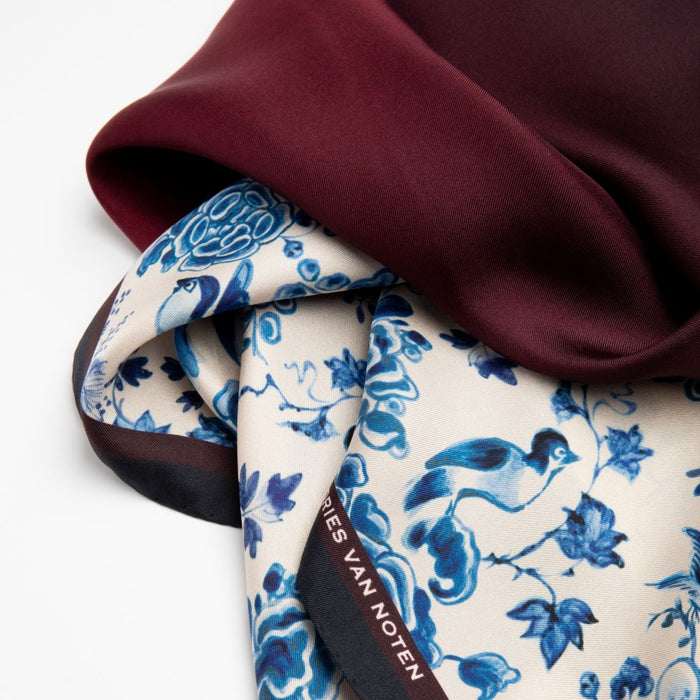 Foulard Floral Silk Scarf in Blue, Red, Amber